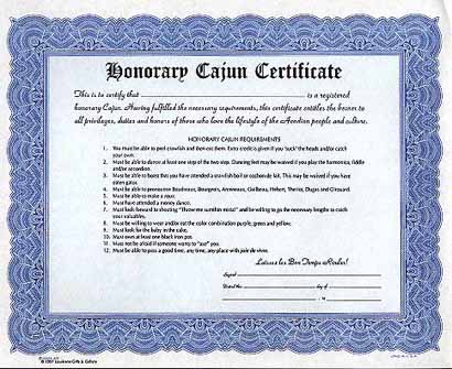 Honorary Cajun Certificate – Louisiana Gifts & Gallery, INC