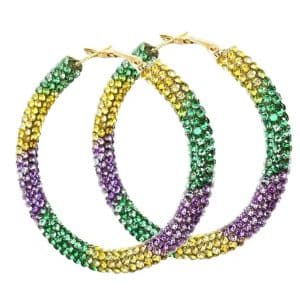 Purple, Green and Gold Rhinestone Mardi Gras Hoop Earrings
